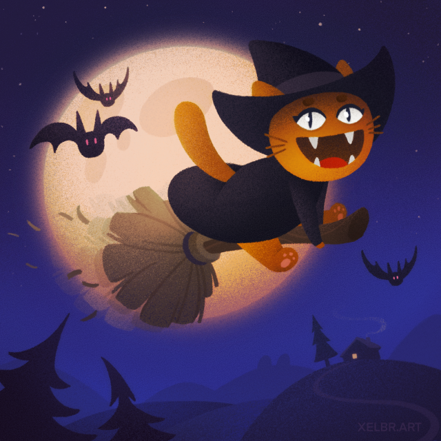 Stylized illustration of a ginger cat flying on a broom. She is dressed like a witch and accompanied by bats. There is a huge Moon in the background.