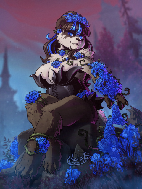 Digital art of a female Pandaren with long black hair streaked with blue. She is sitting on a gravestone, wearing a leather corset with spiked cups, vines and blue roses decorating her, looking at the viewer with hooded eyes. Her left arm is almost completely covered in blue roses, and she holds it out beside her, letting the vines and roses grow out over the scenery.