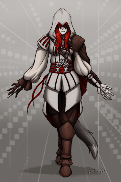 Wyna is wearing Ezio's original white outfit from Assassin's Creed 2. She is recreating Ezio's iconic pose from the promotional materials and cover art.