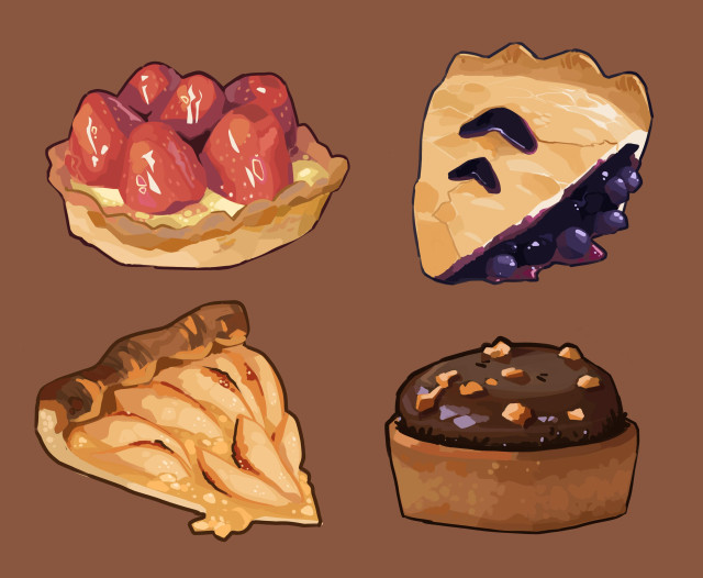 We can see four pastries (one with strawberries, blueberries, apples and the other with chocolate!)
