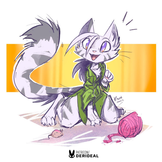 A gray anthro tabby cat wearing an oversized green shirt and happily playing with some cat toys.