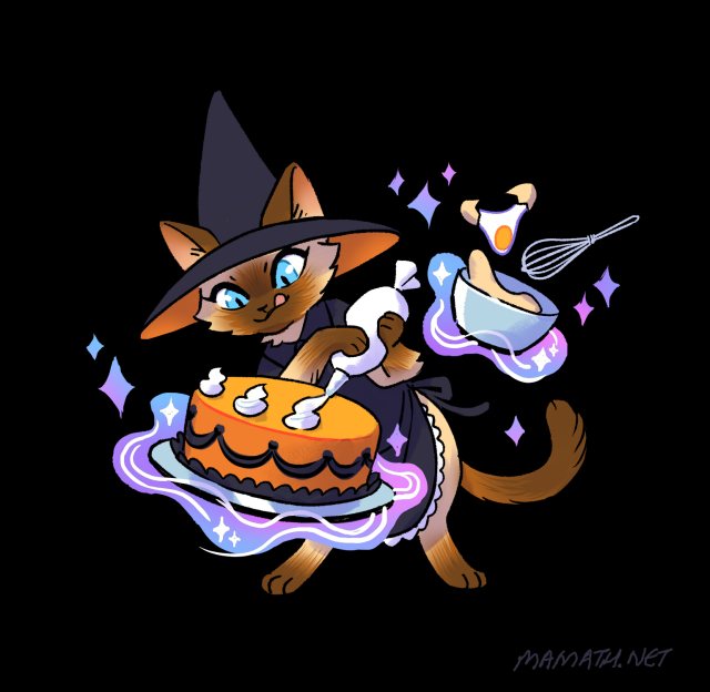 A digital drawing of a siamese cat dressed in a witch and decorating a cake