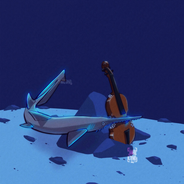 Illustration of a saw shark using their nose to play on an old violin stuck between rocks. Violins cords and shark got vibrants and electric colors on them 