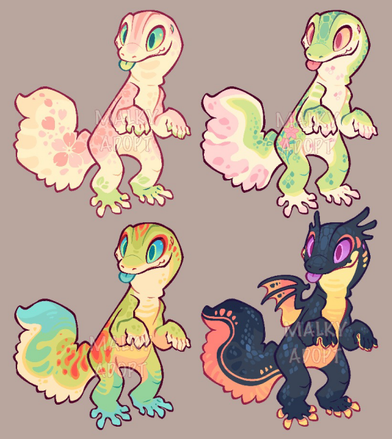 Cartoony leopard geckos with bright colorful scale patterns. From left to right and top to bottom: pink sakura with green highlights, lime green with pink highlights and flower details, gold dust day gecko and dragon-like (dark blue with orange and yellow underbelly.)