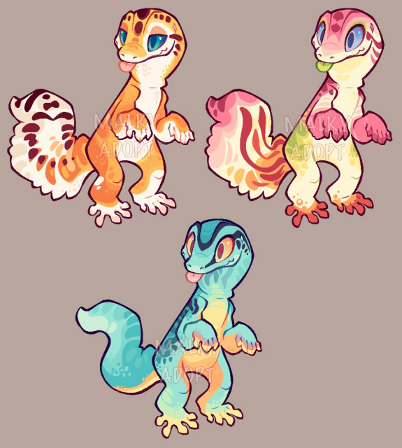 Cartoony leopard geckos with bright colorful scale patterns. From left to right and top to bottom: tangerine leopard gecko, orchid mantis and electric blue day gecko.