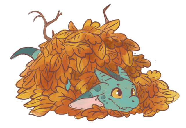 A coloured sketchy drawing of a gently smiling turquoise kobold hidden under a pile of autumn leaves.