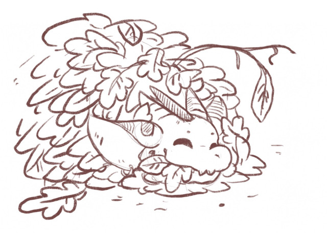 A sketch of a delighted looking kobold sticking her head out of a leaf pile, she's crunching on some leaves that are hanging out the side of her mouth.