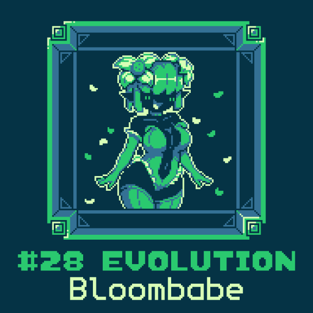 A voluptuous plant lady with her bangs covering her face, 2 flowers on her hair, and wearing leaf made clothing

Type: Evolution
Name: Bloombabe