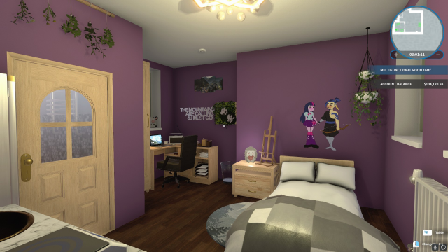 House flipper screenshot of a multipurpose room. The walls are purple, and the light is warm. You can see a bed with a night stand and a gaming desk in distance