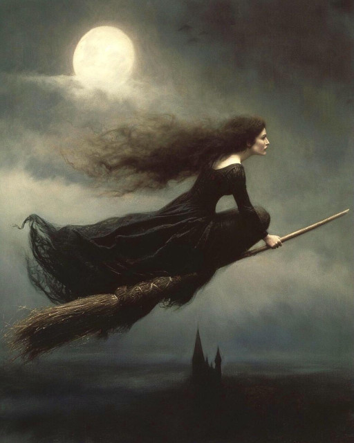 The image depicts a figure dressed in a flowing black garment, riding a broomstick through the night sky. The figure's long, dark hair streams behind, blending with the dark, cloudy sky. A large, bright full moon illuminates the scene from the upper left corner, casting a mystical glow. Below, the silhouette of a castle with pointed towers is visible against the dark landscape. 