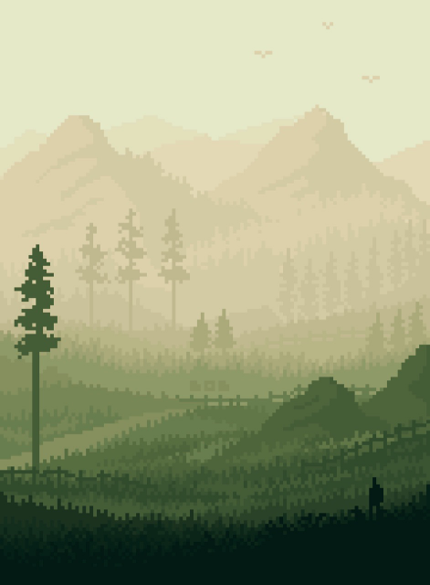 Pixel art nature landscape in green tones - silhouette of a guy and a dog in the dark front and trees and mountains in the foggy background. 