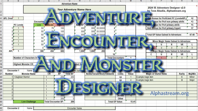 The Excel-based tool, showing the encounter and adventure design screen.