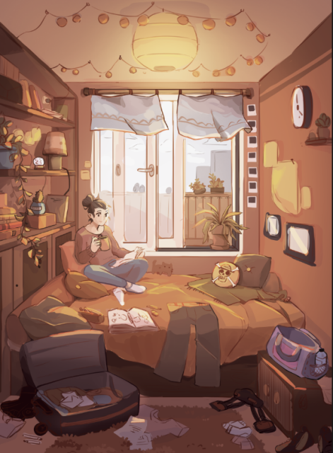 A girl in her bedroom with a lot of things around ! We can see some plants, books, clothes on the bed and on the floor.
All the illustration has a big orange vibe with warm colors.