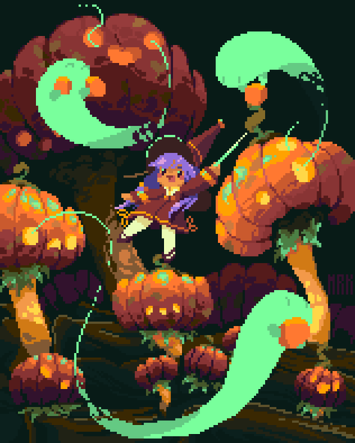 A small witch summons noodle spirits to help her harvest pumpkin-shaped mushrooms.