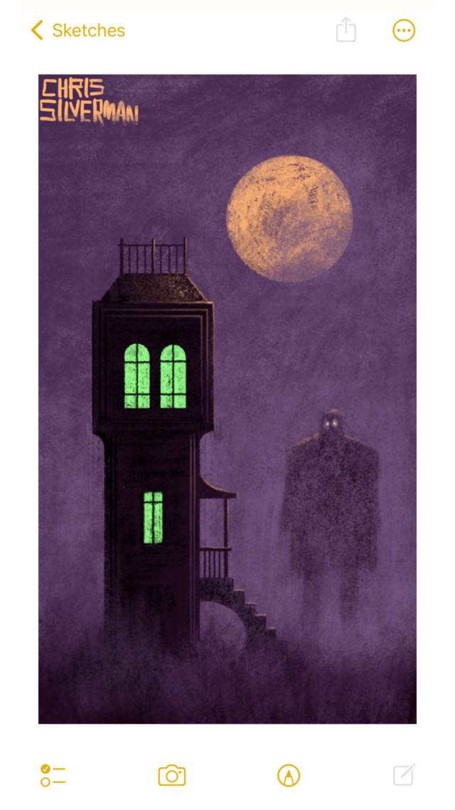 A dim, foggy, purple night. Placed in the middle of a meadow is an odd building: a small tower with one glowing, narrow window on the first floor and two tall, arched windows on the second floor. The windows glow green. The second floor of the building is slightly wider than the first. The roof of the building is tapered to a flat deck with a small railing around it. On the right side of the building is a small covered porch with a long staircase. Approaching out of the fog is a vast, lumbering figure with glowing white eyes. The figure appears to be, if not as tall as the building, definitely larger than anybody who lives in it. An enormous orange moon partially covered by clouds hangs in the sky.