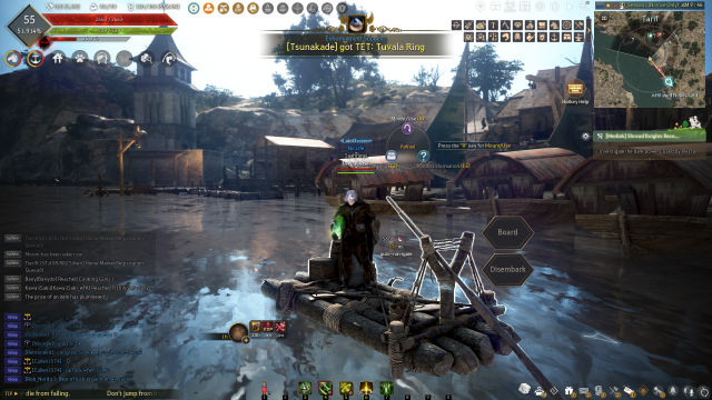 Black Desert Online screenshot of a man on a raft named Raftael. The background is a canal next to a town.