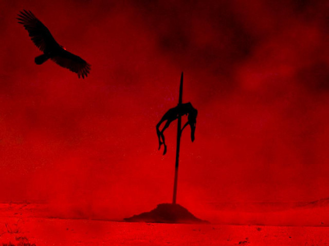 An image in red and black depicting a solaritary lifeless body [Democracy after a 2nd Trump victory), impaled on a small hill, being circled by a huge bird of prey, probably a vulture.

Source:

https://i1.wp.com/capovelo.com/wp-content/uploads/2015/08/impaled_in_a_desert.jpg?fit=1024%2C768&ssl=1