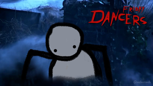 A screenshot from the beginning of the Thriller video, where a zombie is digging its way out of a grave. The zombie has been replaced with a simple drawn figure, one of my Friday dancers. In the top right hand corner it says "Friday Dancers" in red writing, sort of similar to the THRILLER title text. 