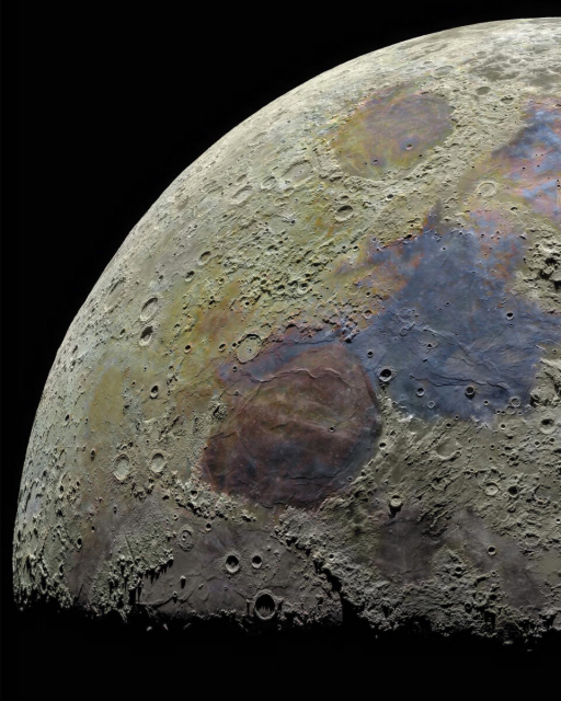 A photo of the upper left quadrant of the moon. It shows the surface brightly lit, with scores of craters visible in close detail, each one subtly acted by shadows from the slanting sunlight.