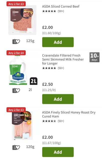 multibuys currently available on Asda's website. 

Any 2 for £3

CORNED BEEF

ASDA Sliced Corned Beef

★★★★★ (50+)

£2.00

(£1.60/100g)

125g

Any 2 for £4

Add

Cravendale Filtered Fresh Semi Skimmed Milk Fresher for Longer

★★★★★ (50+)

10+ days

SEMI

Arla Cravendale

FRESHER FOR LONGER

2L

£2.50

21

(£1.25/lt)

Add

Any 2 for £3

HONEY ROAST DRY CURED HAM

ASDA Finely Sliced Honey Roast Dry Cured Ham

★★★★★ (50+)

£2.00

(£1.67/100g)

120g

Add