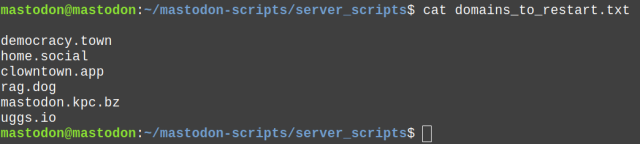 Listing the domains that are still online and should be restarted manually via the Mastodon Moderation UI.