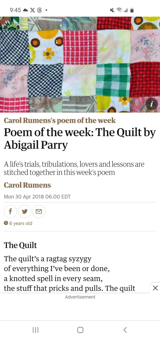 Phone screenshot of the poem "The Quilt" by Abigail Parry shown on The Guardian web site, with a colourful quilt on the page header