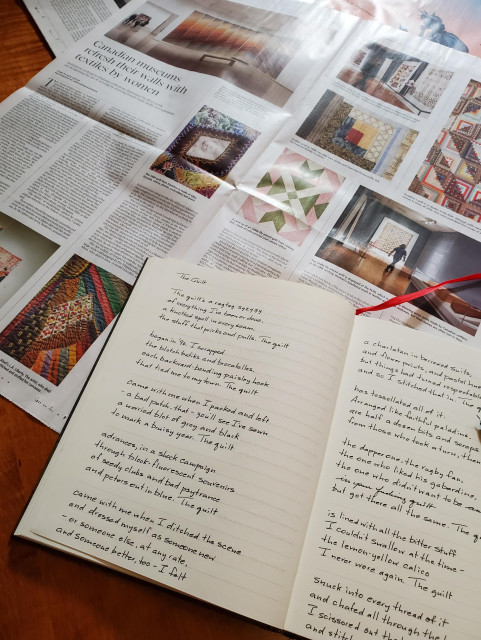 Handwritten version of the poem "The Quilt" by Abigail Parry, from Jinx (Bloodaxe Books) sits on a two-page spread newspaper article about quilts