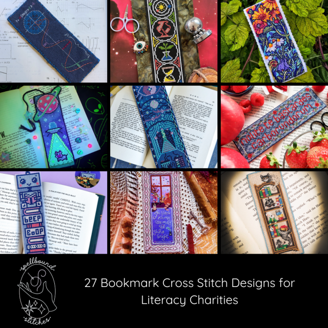 A collage of pictures showing 9 cross stitched bookmarks