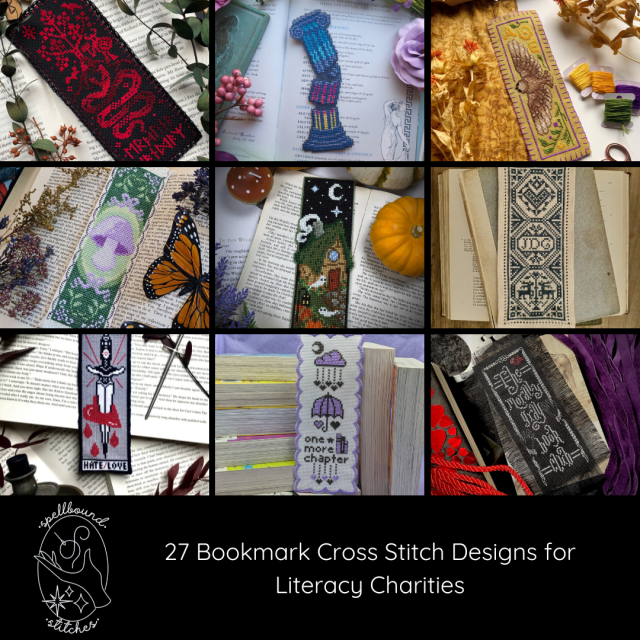 A collage of pictures showing 9 cross stitched bookmarks