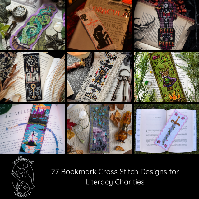 A collage of pictures showing 9 cross stitched bookmarks