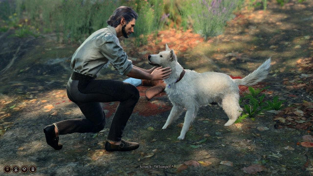 The same man pets a dog. Such a good boy. 