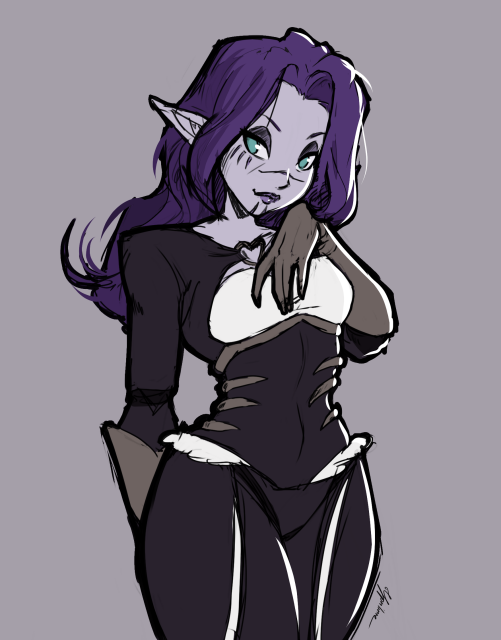 Doodle of a purple haired female elf with a purple skin wearing a necromancy themed armor. He stands in a cute pose.