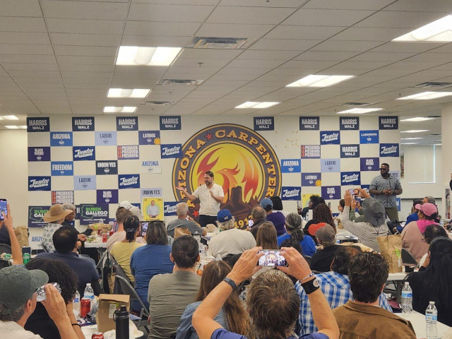 Ruben Gallegos speaks to UFW canvassers as they  get ready to hit the street to get out the vote in Arizona