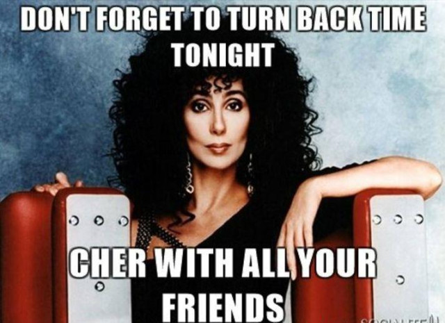 80's Cher and the title "Don't forget to turn back time tonight. Cher with all your freinds".
