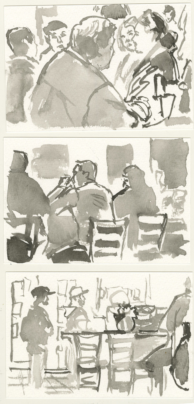 Ink sketches of patrons sitting at chairs, drinking coffee and socializing in a coffee shop. The sketches are loosely drawn with brush and ink.