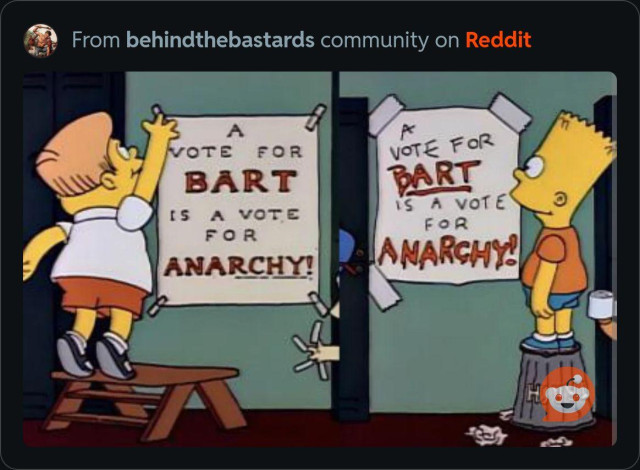 Image from the Simpsons, a school election episode. Two posters for and against Bart, but both say the same thing. A vote for Bart is a vote for Anarchy.  