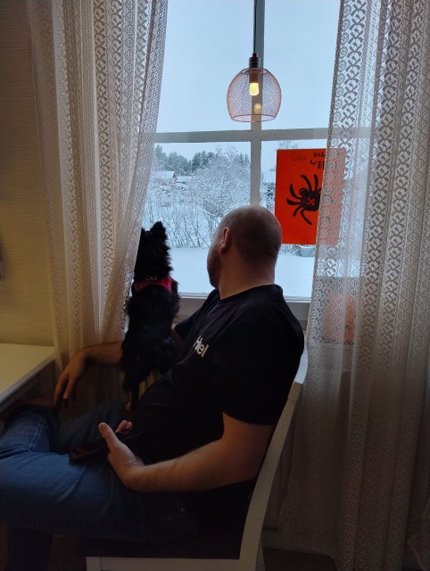 A bald middle aged man sitting in front of a window with a black dog on his lap, both peering out.