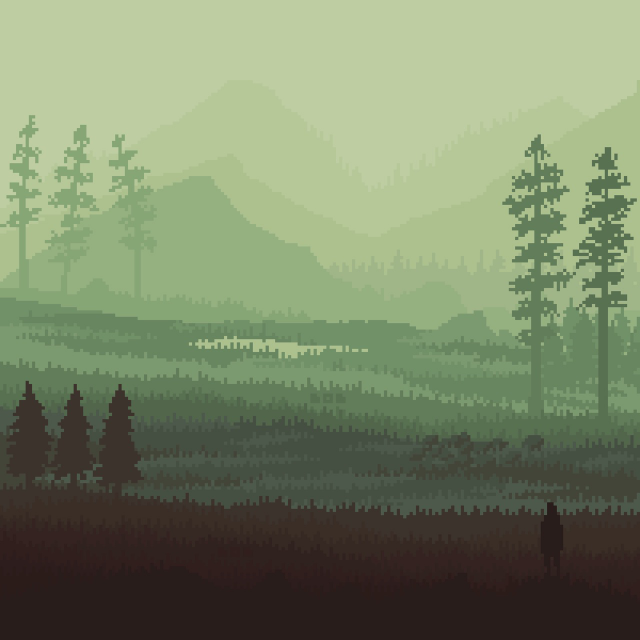 Pixel art nature landscape in green tones - silhouette of a guy in the dark front and trees and mountains in the foggy background.