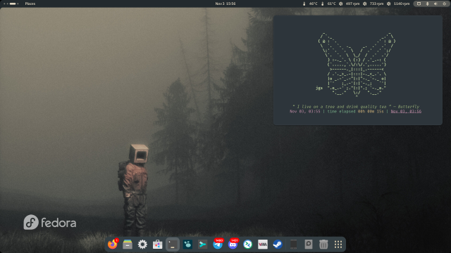 Screenshot of my Gnome desktop with a single terminal window open running the arttime command. It is showing an ascii art butterfly. The desktop background is a picture of a man with a cube for a head standing in front of a dark, misty forest.