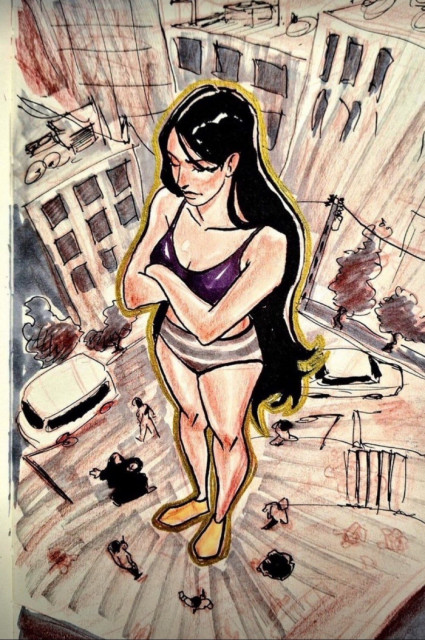 An illustration featuring a giant woman standing above a cityscape, with buildings and tiny figures of people below. She is only wearing her underwear. Long black hair.

Her name is Ahoo. She was attacked by a policeman on a motorbike in Iran yesterday, they tore her clothes, she then stripped down. Purple top and striped underwear, which we know from the video. She was later abducted by „morality police“ or national guard and declared to have „mental problems“. 