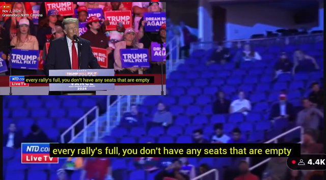 Screen cap of Trump saying there are no empty seats at his rallies with a clip of  empty seats