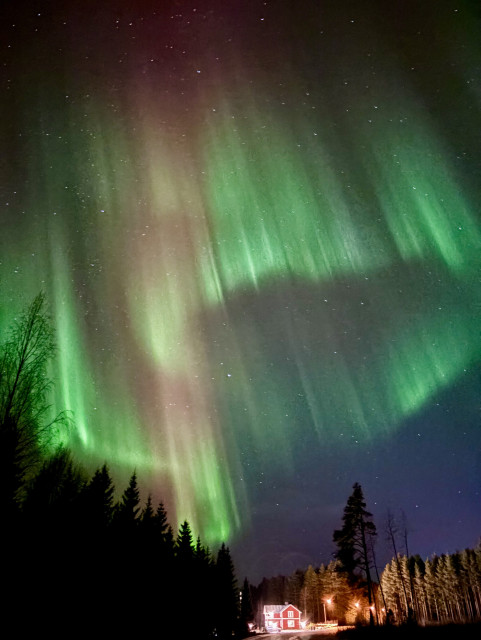 Aurora shining down on a red wooden house in a snowy forest