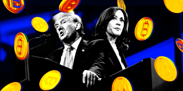 USA 2024 Presidential Candidates Donald Trump and Kamala Harris stand facing opposite each other behind podiums while physical bitcoins rain down over them.