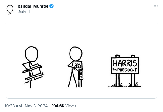 Tweet from Randall Munroe @xkcd
with a comic that shows 
Cueball hammering in a sign on the lawn with the message "HARRIS FOR PRESIDENT."