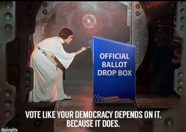 A person places a voting ballot into an official drop box with the text, "Vote like your democracy depends on it. Because it does." in white letters at the bottom.