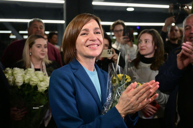 Moldova's President Maia Sandu celebrates with staff and supporters after winning the second round of the Presidential election, Chisinau, November 3, 2024 (Daniel Mihailescu/AFP/Getty)