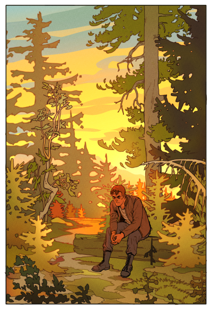 A digital drawing of a man sitting on a log amidst a dense pine forest at sunset. The warm light of the sun shines behind him lighting up a portion of the woods.
