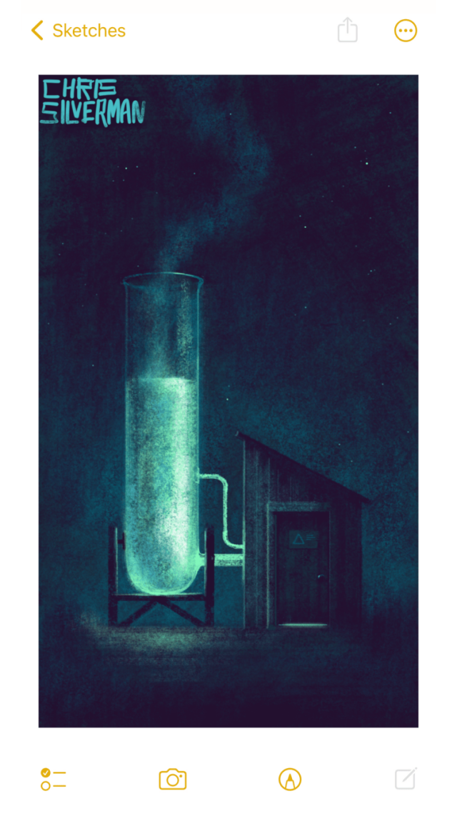 A small shack at night, under a starry sky. The shack has a roof sloping down to the right, and a single door with no windows. On the door is what appears to be a warning sign, although what it's warning against isn't legible. There is a green glow under the door. Directly to the left of the shack is a giant test tube, taller than the shack, with a glowing greenish substance in it. Glowing green pipes connect the test tube to the shack. Rising from the test tube is a faint column of smoke.