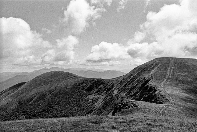 This is a black-and-white landscape photograph of the Ukrainian Carpathians. The scene captures a series of rolling hills and mountains under a sky filled with fluffy clouds. A dirt trail runs along the ridge of a prominent hill on the right, drawing the viewer’s eye up and over the terrain. The mountains in the background are layered, creating a sense of depth and scale, with their outlines fading into the distance. The lack of trees or significant vegetation on the peaks gives the scene a rugged, untouched feeling, emphasizing the remote, natural beauty of the Carpathians.