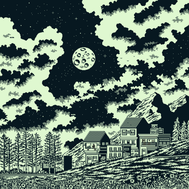 1bit pixel art - small city with a few houses in the middle clouds, a moon and a dark sky in the background and grass and some flowers at the front. 